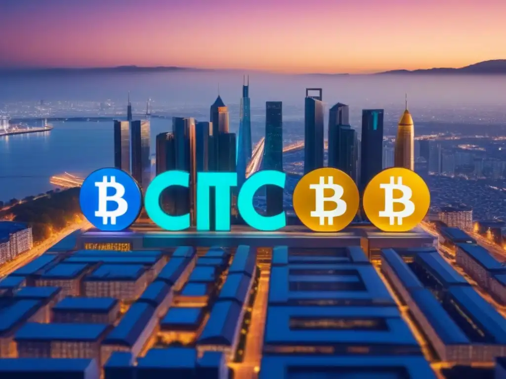 Skyline futurista con criptomonedas: Bitcoin, Ethereum y Litecoin Impacto de criptomonedas en inversión inmobiliaria: Ciudad futurista con símbolos de Bitcoin, Ethereum y Litecoin en edificios, al atardecer