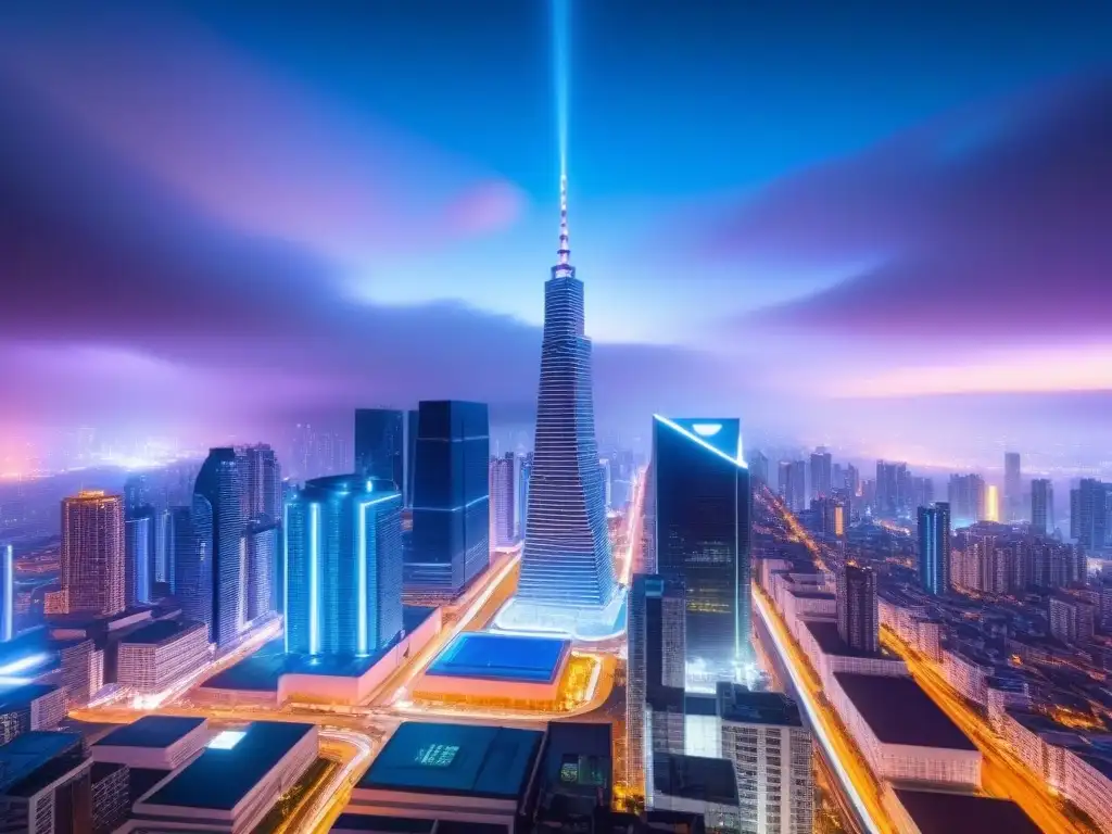 Cityscape futurista con tecnología blockchain en 8K Impacto de las criptomonedas en inversión inmobiliaria: Ciudad futurista de noche con tecnología blockchain en rascacielos iluminados por luces neón