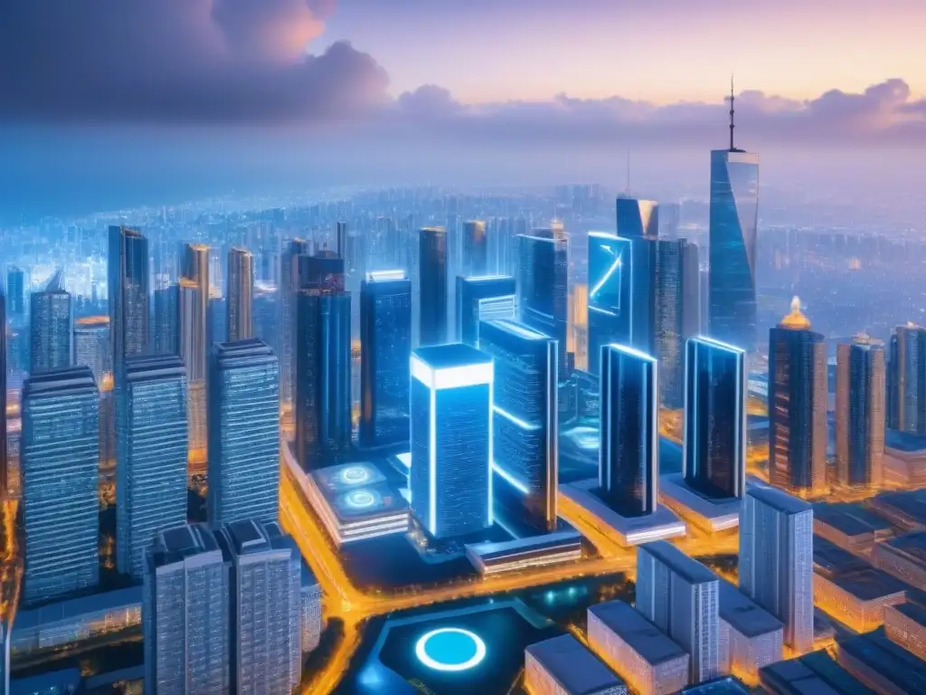 Metrópolis futurista: blockchain revoluciona bienes raíces Impacto de criptomonedas en inversión inmobiliaria: ilustración digital ultra realista de una ciudad futurista con rascacielos y tecnología blockchain