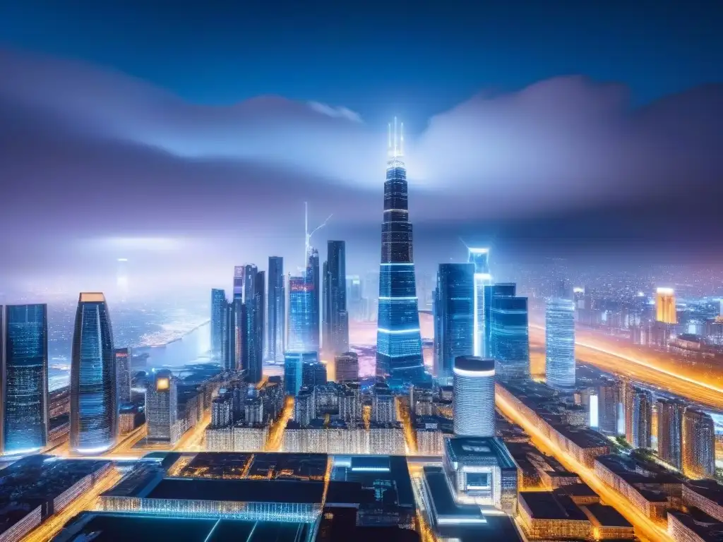 Metrópolis futurista: criptomonedas y real estate Impacto de criptomonedas en inversión inmobiliaria: Futurista ciudad nocturna con rascacielos iluminados por datos de mercado digital