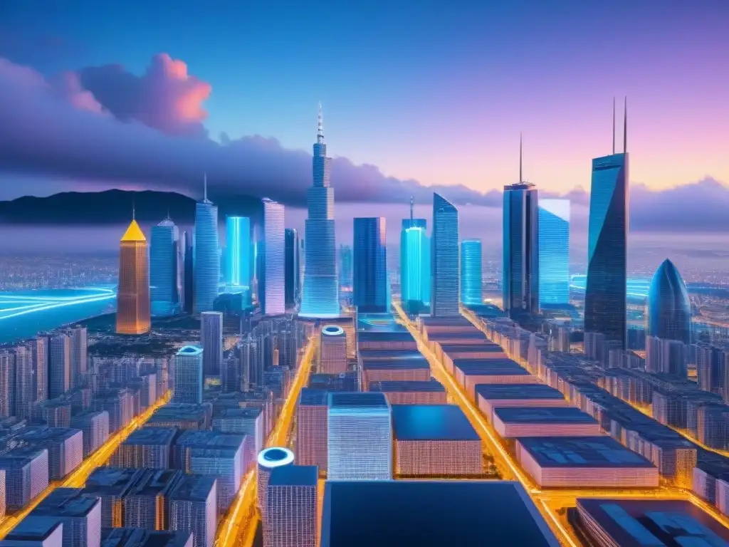Innovación blockchain: Ciudad futurista 8k Impacto criptomonedas en inversión inmobiliaria: Ciudad futurista con rascacielos digitales y luces neón, profesionales analizando tendencias