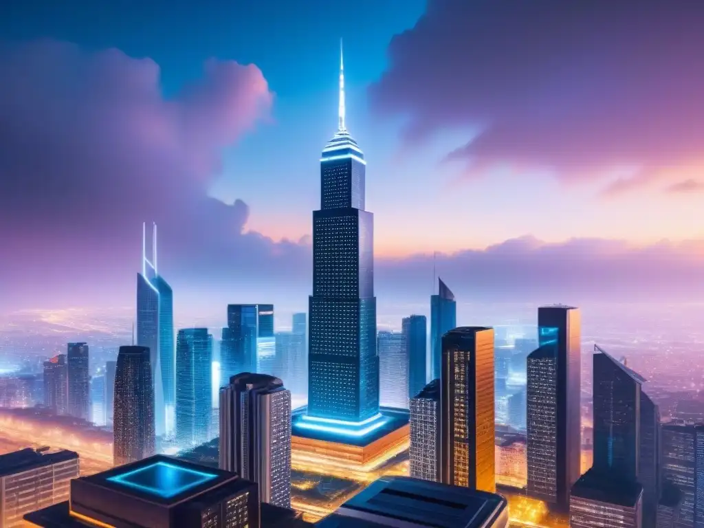 Skyline futurista con blockchain: la revolución inmobiliaria Impacto de criptomonedas en inversión inmobiliaria: Ciudad futurista con patrones blockchain en rascacielos modernos