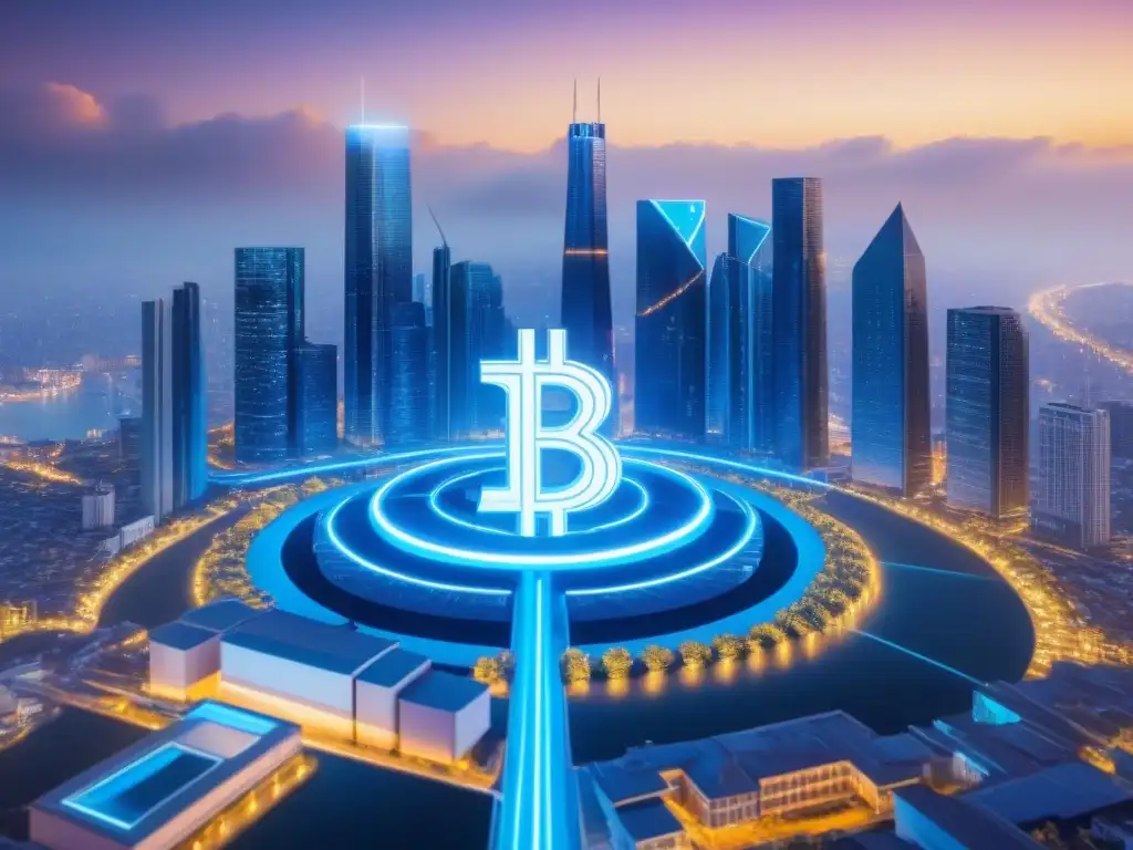Horizonte futurista: criptomonedas y bienes raíces Impacto de las criptomonedas en el mercado inmobiliario: Ilustración detallada de una ciudad futurista con símbolos de moneda digital integrados en la arquitectura, reflejando la fusión de tecnología y bienes raíces