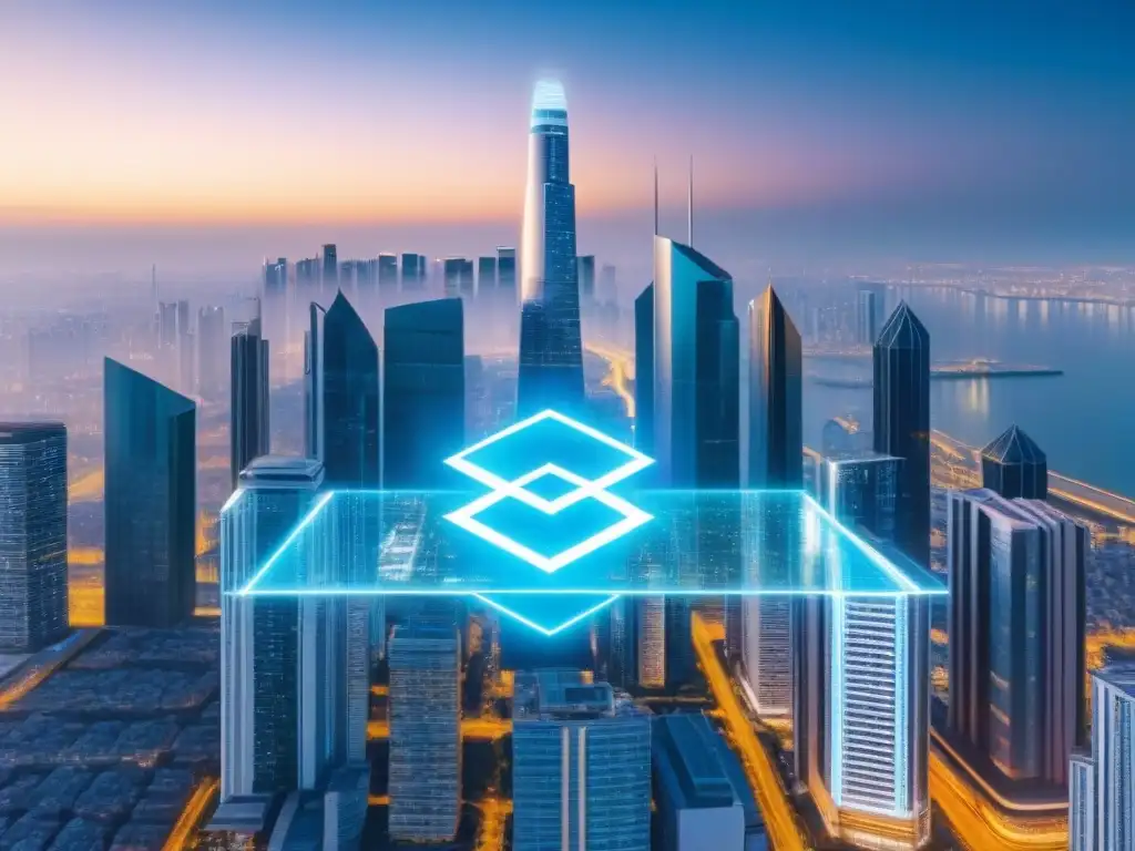 Real Estate Futurista: Criptomonedas Transformando el Mercado Impacto de las criptomonedas en el mercado inmobiliario: Futurista ciudad con hologramas de propiedades y valores criptográficos sobre rascacielos