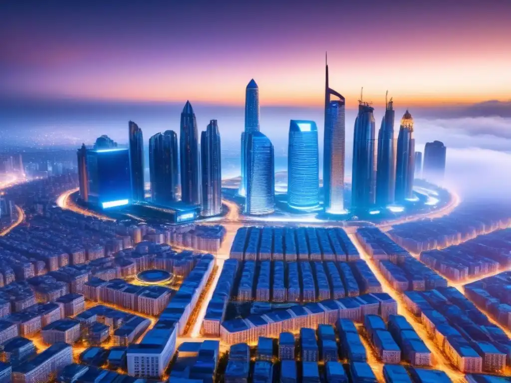 Skyline futurista: fusión de criptomonedas y bienes raíces Impacto de las criptomonedas en mercado inmobiliario: ciudad futurista con edificios híbridos entre digital y real