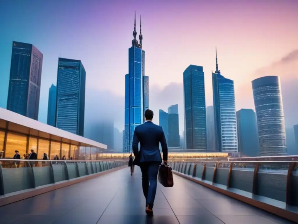 Horizonte urbano contemporáneo al anochecer en Madrid Impacto de la crisis económica en el mercado inmobiliario: moderna ciudad al anochecer, rascacielos iluminados y distrito financiero activo