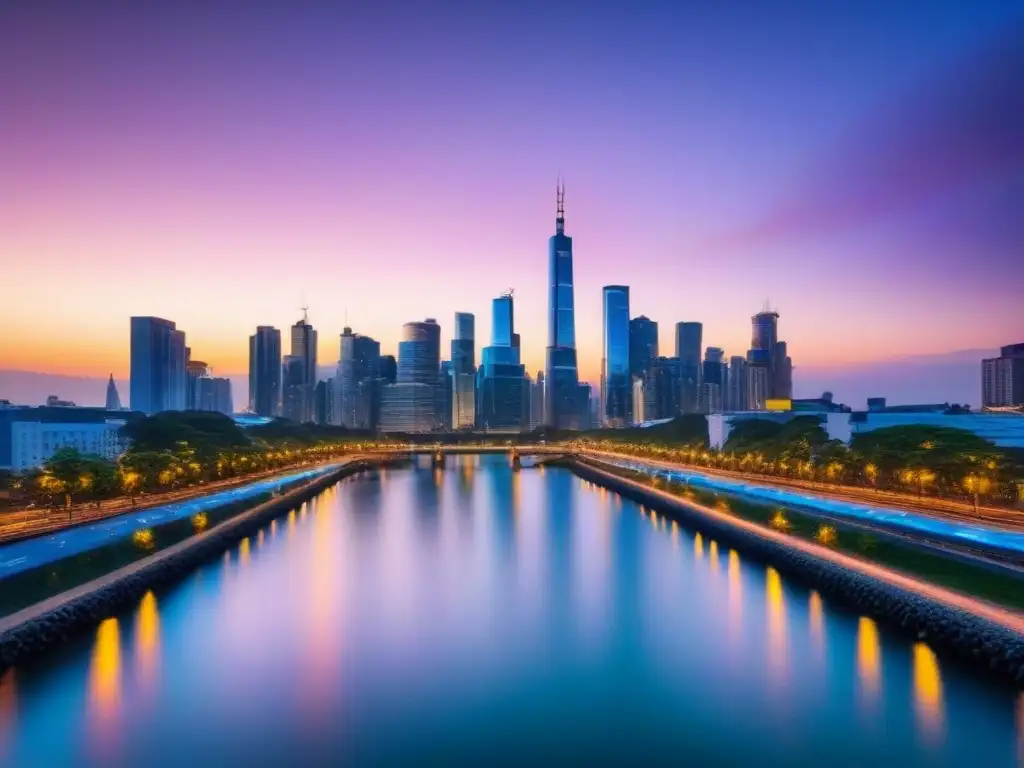 Skyline urbano al anochecer: metrópolis vibrante reflejada en el río Impacto del desarrollo en áreas metropolitanas: horizonte urbano moderno al atardecer con rascacielos iluminados y río reflejando luces de la ciudad
