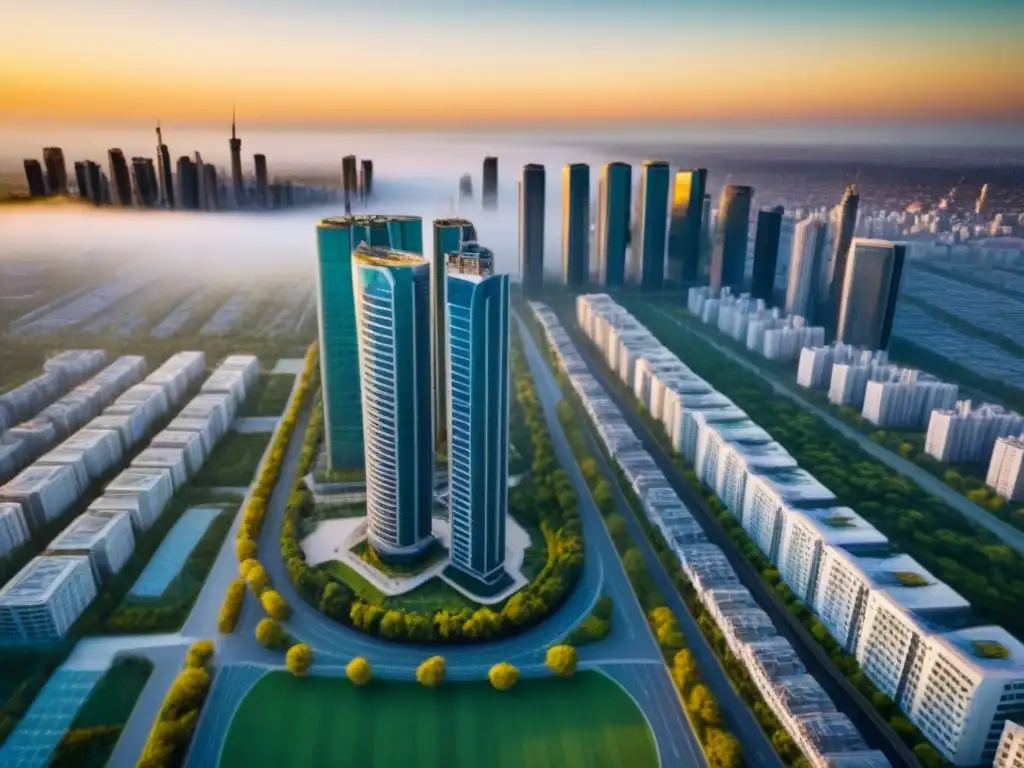 Metrópolis moderna: crecimiento urbano y demanda inmobiliaria Impacto del desarrollo en áreas metropolitanas: ciudad moderna con rascacielos, parques verdes y autopistas interconectadas al atardecer