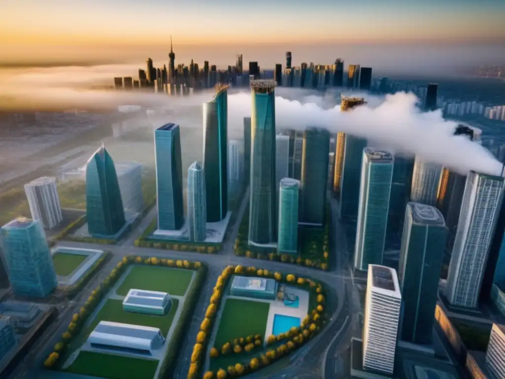 Vibrante desarrollo urbano: impacto de políticas económicas en el mercado inmobiliario Impacto del quantitative easing en el mercado inmobiliario: panorama urbano moderno y vibrante con rascacielos y construcciones