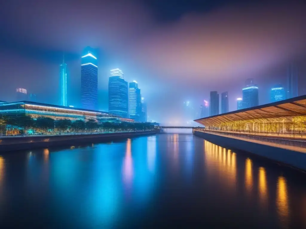 Esplendor nocturno: ciudad futurista iluminada Impacto de la estabilidad monetaria en el mercado inmobiliario: futurista ciudad nocturna con rascacielos iluminados y reflejos en el río