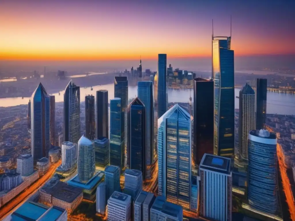 Esplendor urbano: impacto del impuesto legal en bienes raíces Impacto del impuesto en actos jurídicos inmobiliarios: vibrante ciudad al atardecer, con rascacielos y arquitectura moderna