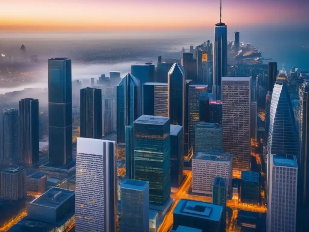 Impacto de impuestos en mercado inmobiliario urbano Impacto de impuestos en inversiones inmobiliarias: vibrante ciudad con rascacielos y profesionales negociando