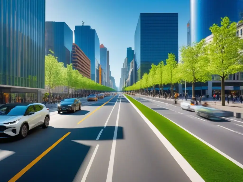 Escena urbana vibrante: modernidad y dinámica inmobiliaria en armonía Impacto de la infraestructura vial y la inversión inmobiliaria en una bulliciosa avenida urbana con rascacielos relucientes y peatones diversos