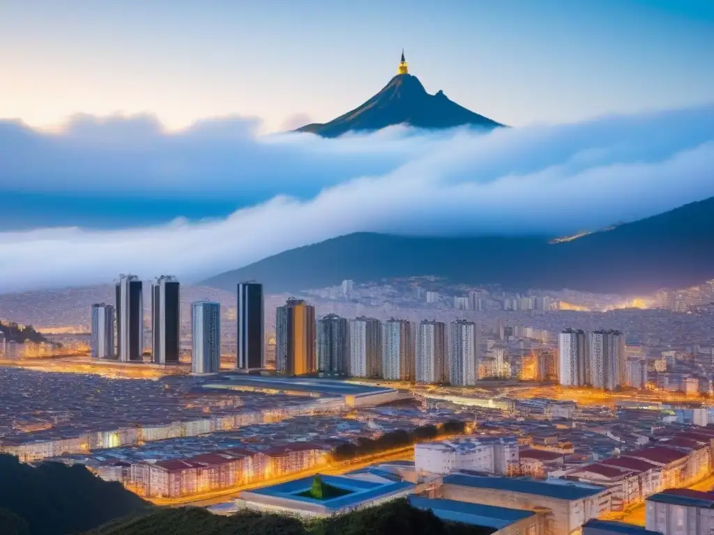 Horizonte urbano en Quito: impacto de leyes inmobiliarias Impacto de leyes inmobiliarias en Quito, Ecuador: modernos rascacielos reflejan crecimiento y progreso en el sector