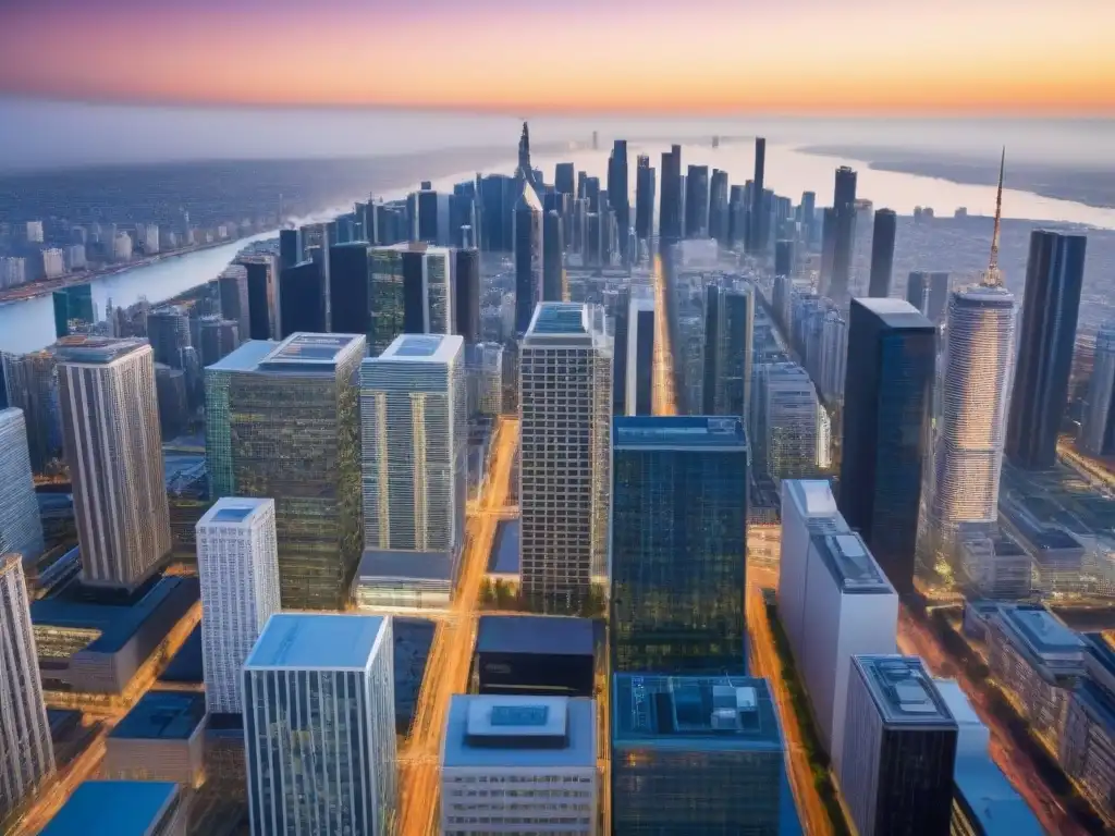Inversión inmobiliaria: panorama urbano dinámico y vibrante Impacto de leyes en mercado inmobiliario: vista aérea moderna de bulliciosa ciudad con rascacielos, calles llenas de gente y vehículos