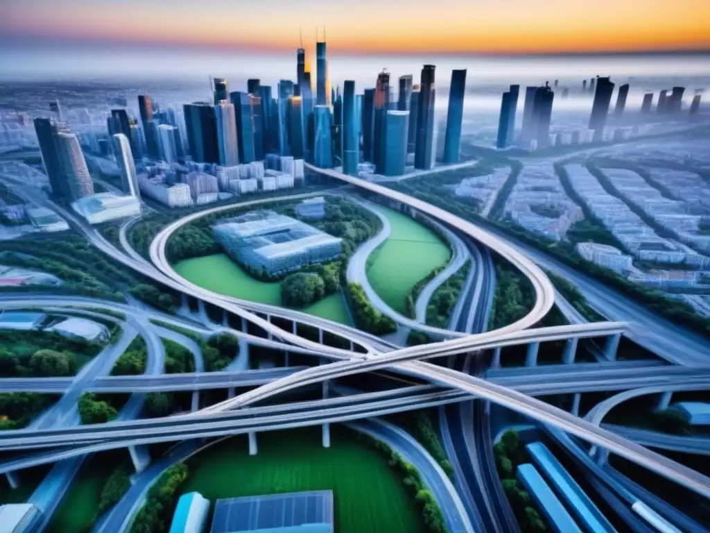 Metropolis interconectada: transporte y desarrollo urbano en armonía Impacto de la movilidad urbana en propiedades: Vista aérea detallada de una bulliciosa ciudad con modernos sistemas de transporte