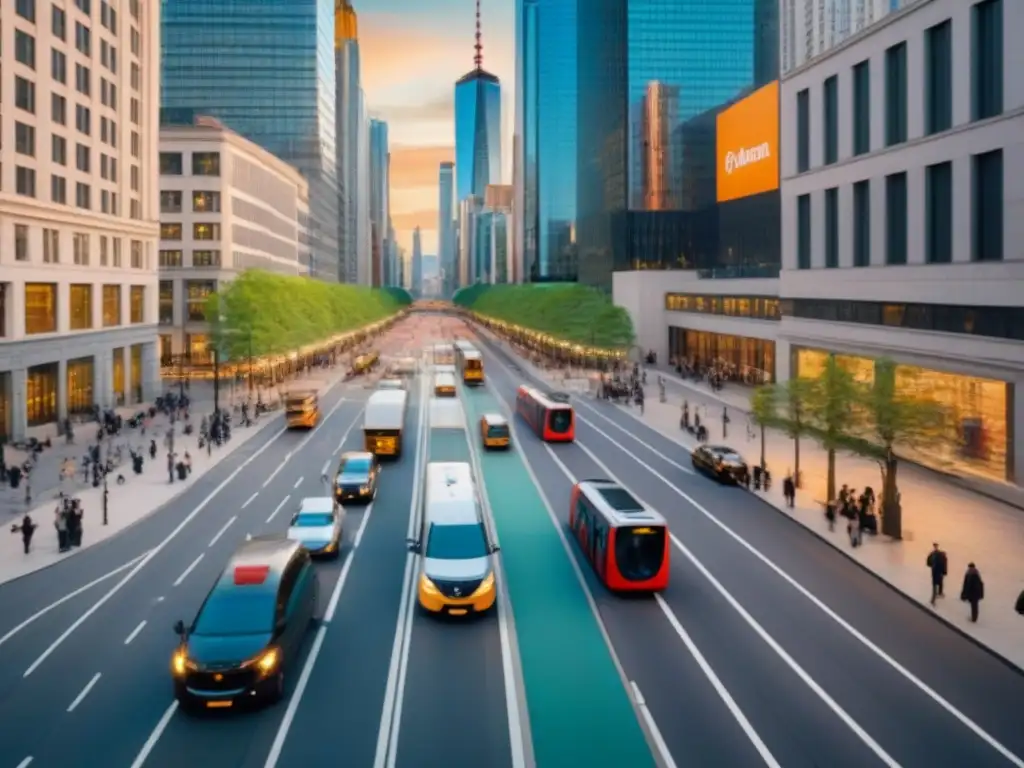 Escena urbana vibrante: movilidad y diversidad en la ciudad moderna Impacto de la movilidad urbana en propiedades: Escena vibrante de la ciudad con gente caminando, en bicicleta y usando transporte público