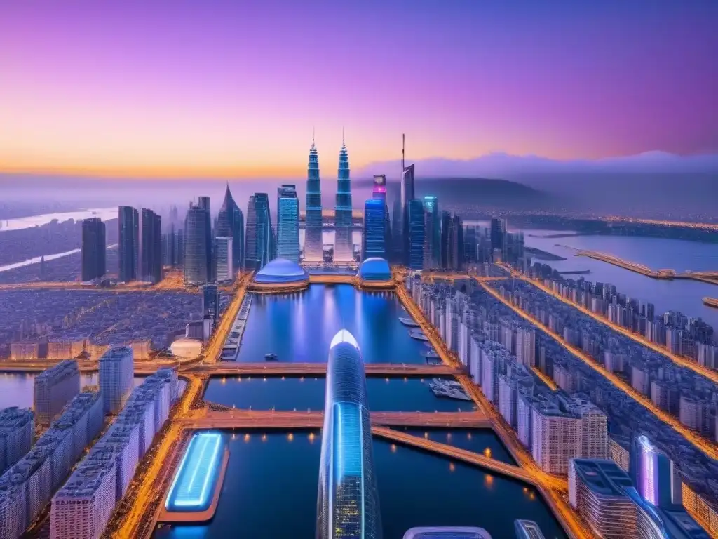 Metrópolis futurista al anochecer: luces neón y tecnología avanzada Impacto del movimiento moderno en una ciudad futurista con rascacielos brillantes y transporte innovador al anochecer