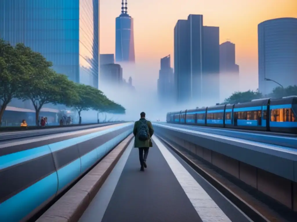 Horizonte urbano futurista: metrópolis moderna en crecimiento Impacto del movimiento moderno: Metrópolis futurista al amanecer con rascacielos vanguardistas, calles bulliciosas y transporte público avanzado