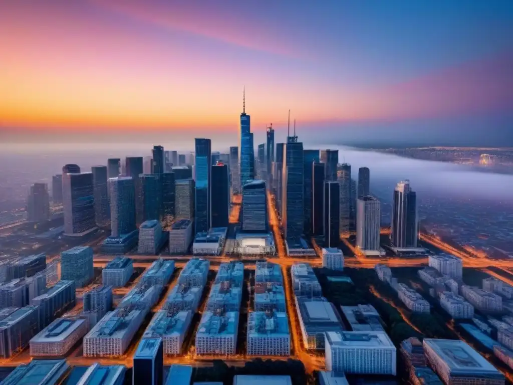 Horizonte urbano al atardecer: luces vibrantes y serenidad Impacto de la política monetaria en inversiones inmobiliarias: vista aérea de una ciudad iluminada al atardecer