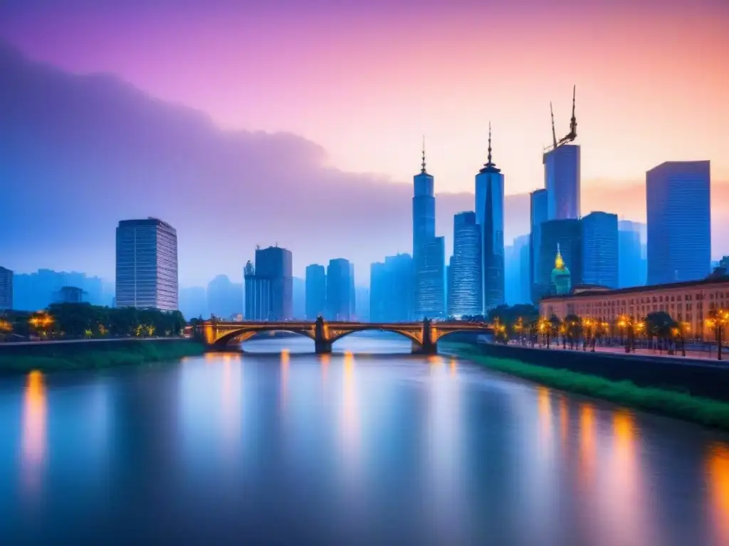 Horizonte urbano iluminado: símbolo de prosperidad económica Impacto de la política monetaria en inversiones inmobiliarias: ciudad futurista iluminada al anochecer
