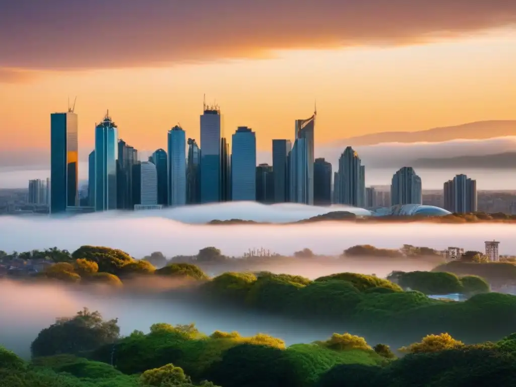 Esplendor urbano al atardecer: skyline moderno en 8k Impacto de la política monetaria en el mercado inmobiliario: atardecer sobre la ciudad, modernos rascacielos y espacios verdes urbanos