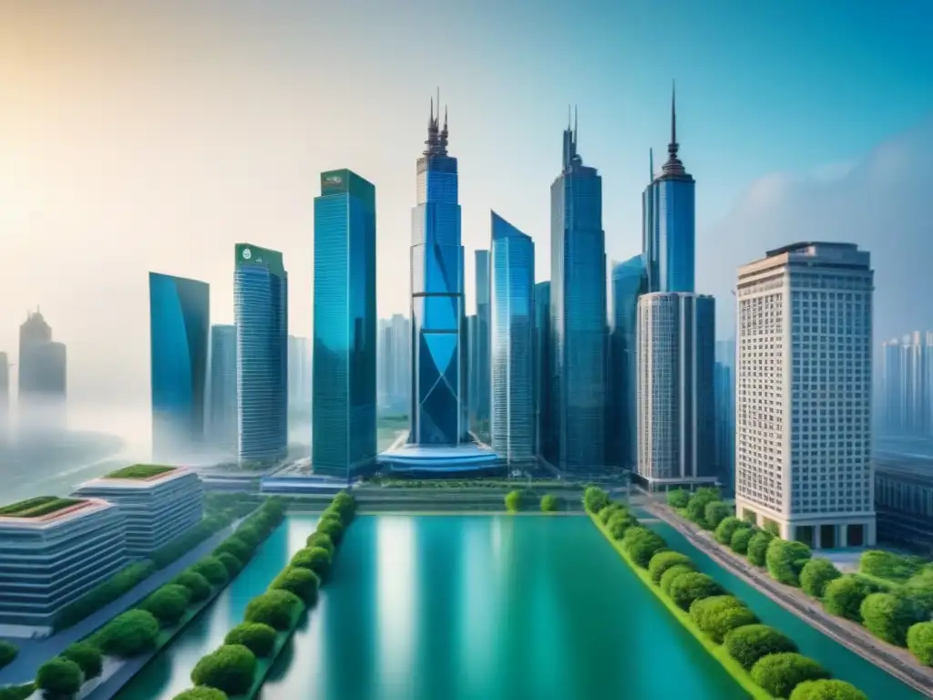 Desarrollo urbano sostenible: impacto financiero global Impacto de la política monetaria en el mercado inmobiliario: ciudad moderna, rascacielos, parques verdes y lagos azules, profesionales discutiendo