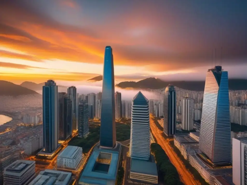 Metrópolis sudamericana: arquitectura moderna y tradicional al atardecer Impacto político y mercado inmobiliario en una metrópolis sudamericana al atardecer, con rascacielos modernos y arquitectura tradicional