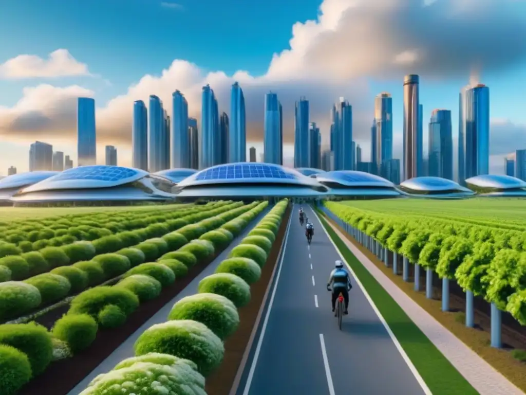 Skyline sostenible: ciudad futurista y verde con energía renovable Impacto positivo del cambio climático en la inversión inmobiliaria: ciudad futurista sostenible integrada con la naturaleza