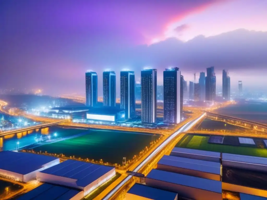 Skyline nocturno: gestión de residuos en ciudad sostenible Impacto de residuos en mercado inmobiliario: ciudad nocturna con rascacielos iluminados y centro de reciclaje moderno