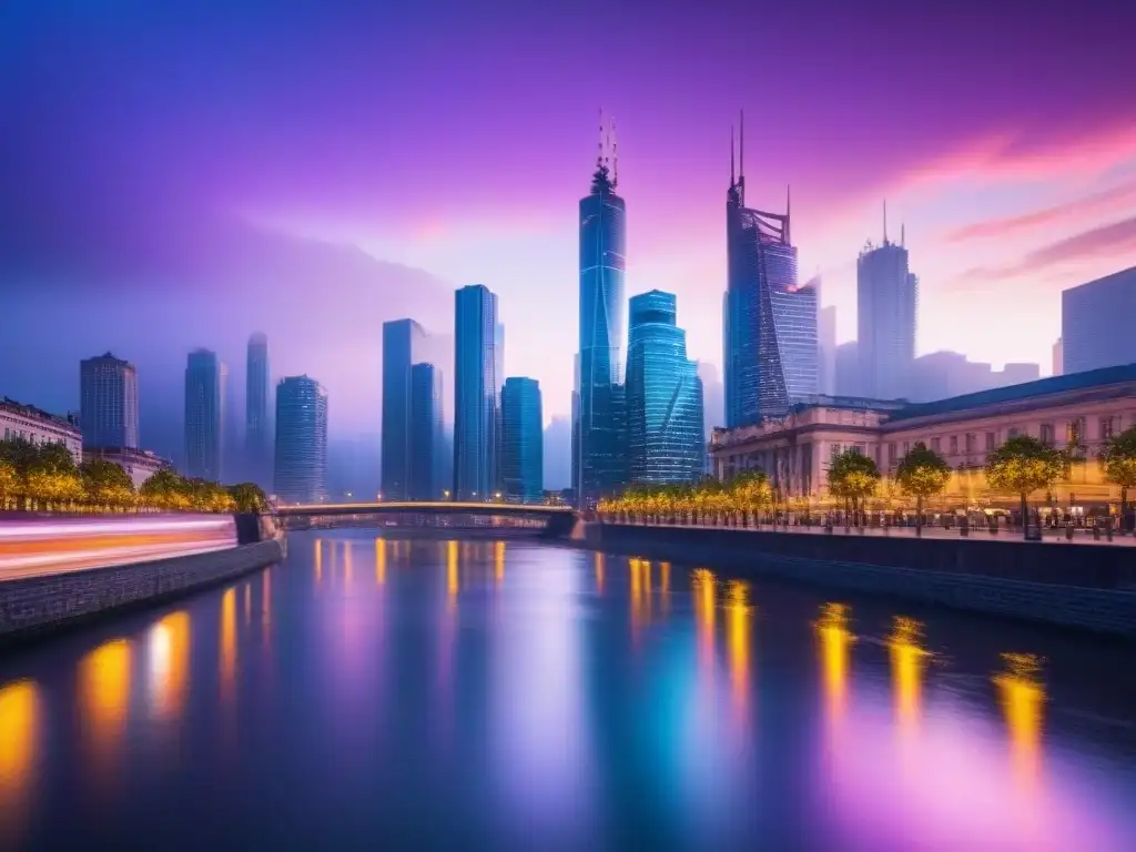 Horizonte urbano iluminado al atardecer: fusión de naturaleza y modernidad Impacto de servicios públicos en propiedad: rascacielos iluminados contrastan con río sereno al anochecer en la ciudad vibrante