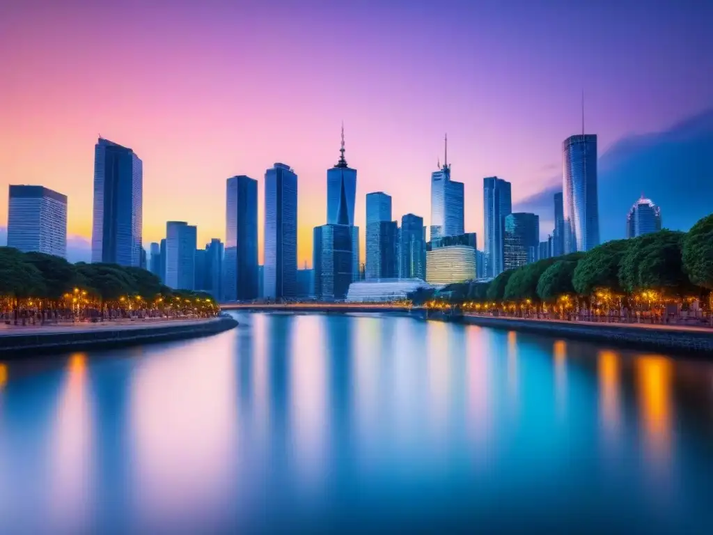 Horizonte urbano: luces de la ciudad al atardecer Impacto de servicios públicos en propiedad: Una ciudad moderna al atardecer, con rascacielos y luces vibrantes reflejadas en un río tranquilo
