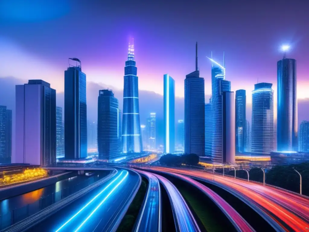 Metrópolis futurista: luces neón y tecnología avanzada en la noche Impacto de la tecnología en el desarrollo urbano: ciudad futurista con rascacielos iluminados por luces neón en la noche