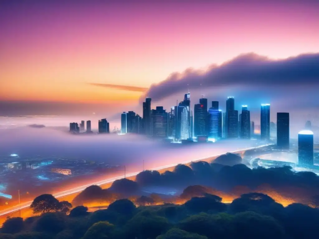 Metrópolis futurista: tecnología y arquitectura del mañana Impacto de tecnologías emergentes en el mercado inmobiliario: Ciudad futurista con rascacielos y tecnología avanzada integrada