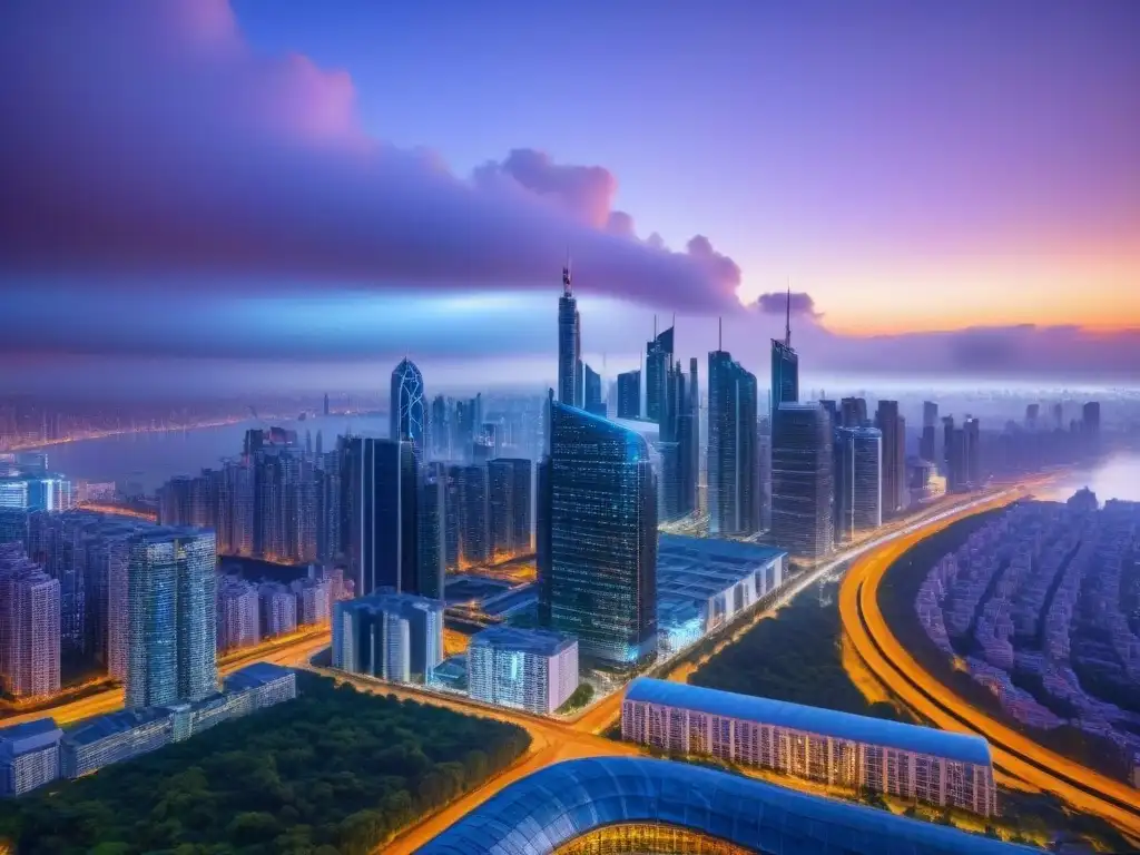 Metrópolis futurista: análisis de mercado inmobiliario en tiempo real Impacto de tecnologías emergentes en el mercado inmobiliario: Ciudad futurista con rascacielos iluminados y tecnología avanzada