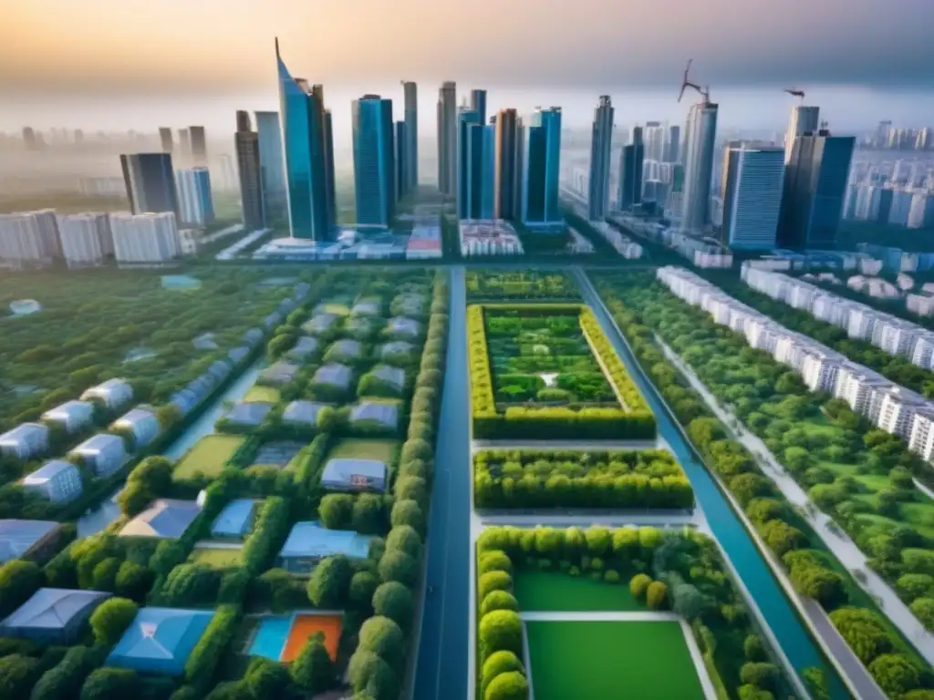 Armonía urbana: Integración natural y desarrollo moderno en una ciudad vibrante Impacto de tendencias demográficas en el mercado inmobiliario: ciudad moderna integrando naturaleza y desarrollo urbano de forma armoniosa