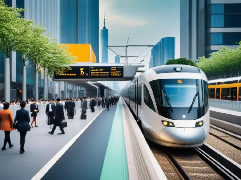 Metrópolis futurista: tren de alta velocidad en paisaje urbano Impacto del transporte público en el desarrollo inmobiliario de una ciudad moderna con arquitectura futurista y eficiente