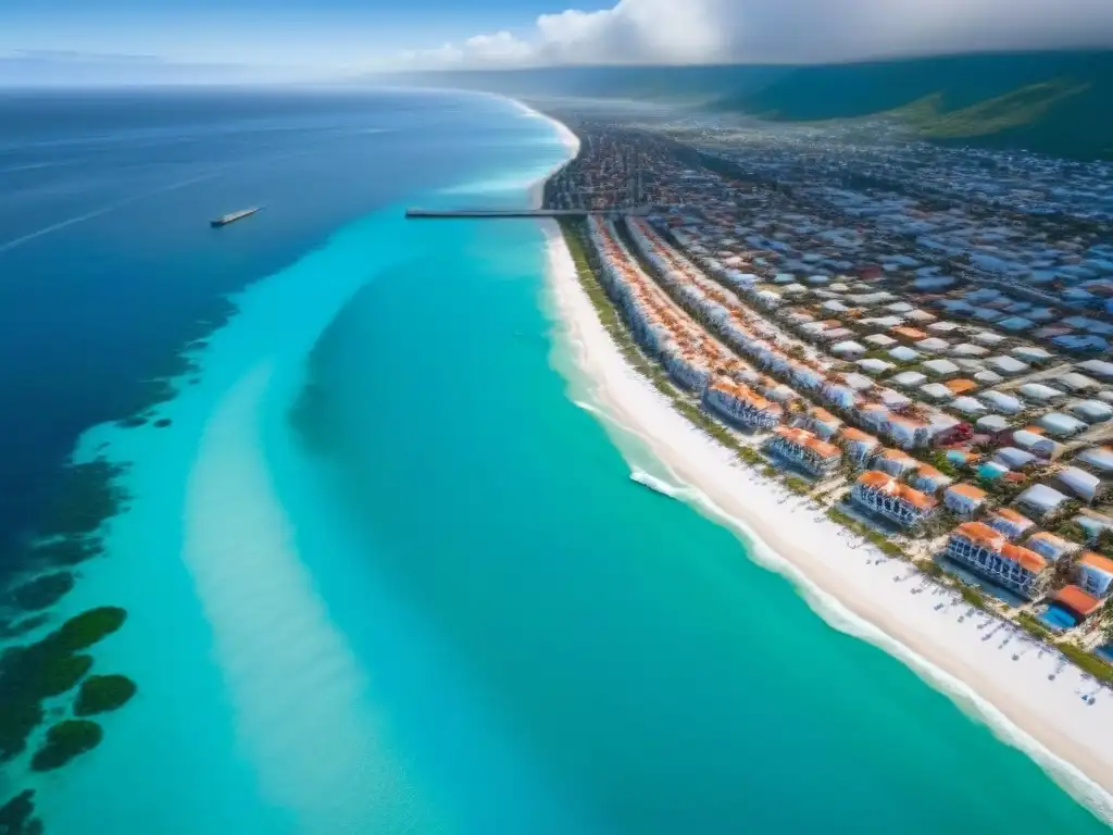 Costa mexicana: fusión cultural y belleza natural Impacto del turismo en el mercado inmobiliario de México: vista aérea detallada de un pueblo costero con mar turquesa y playas blancas