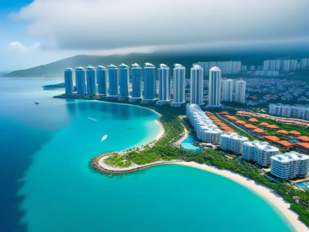 Costa turquesa: arquitectura moderna y naturaleza en destino turístico El impacto del turismo en el mercado inmobiliario de una ciudad costera, con edificios de lujo y aguas turquesas