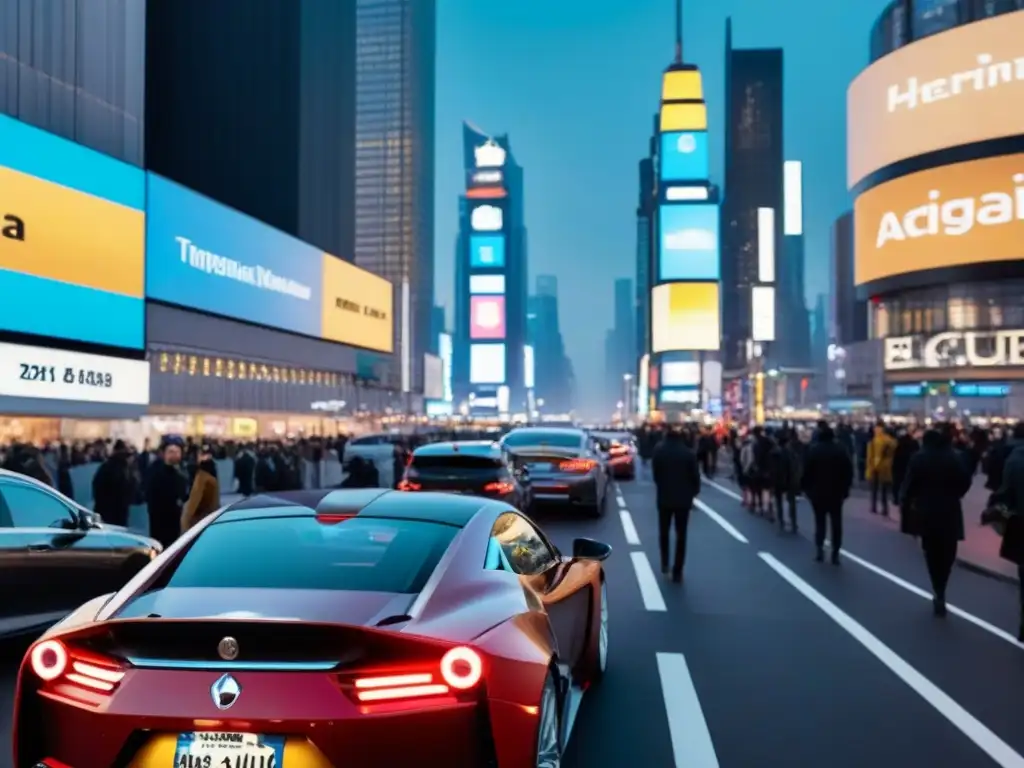Metrópolis urbana al anochecer: luces, marcas y diversidad Impacto en zonas comerciales: metrópolis vibrante al atardecer con rascacielos y carteles digitales de marcas