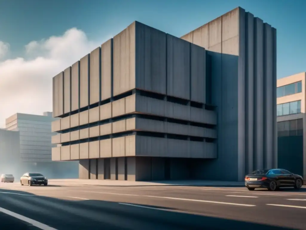 Edificio brutalista: fuerza y modernidad en la ciudad Imponente arquitectura brutalista en la ciudad, destaca entre modernos edificios