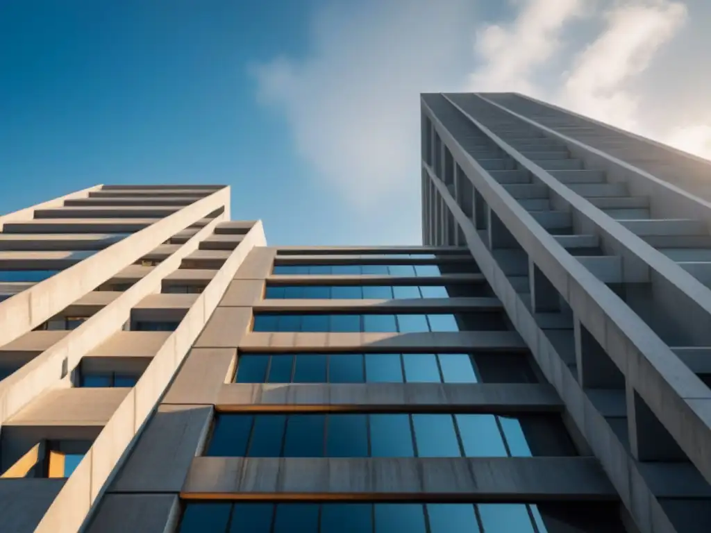 Futurismo brutalista: Edificio innovador en 8k Imponente arquitectura brutalista en el mercado inmobiliario, con concreto y vidrio en diseño futurista y geométrico, bajo cielo azul