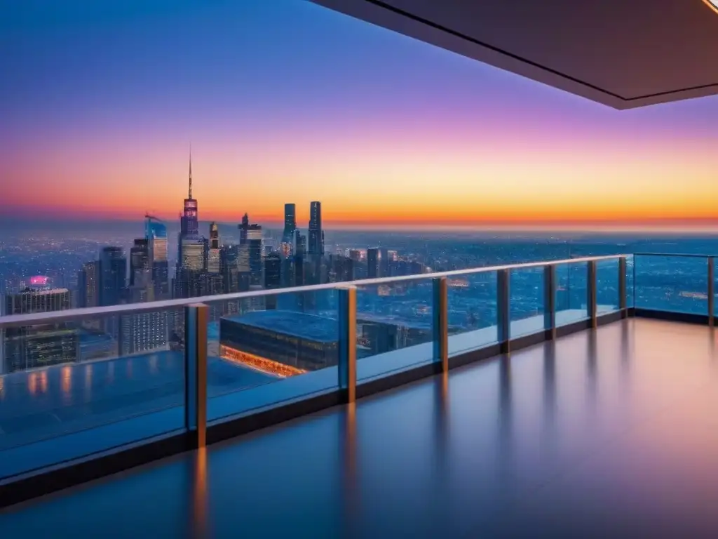 Edificio comercial moderno: reflejo urbano al atardecer Imponente edificio comercial moderno con cristales de piso a techo reflejando la ciudad al anochecer, en un cielo de atardecer vibrante