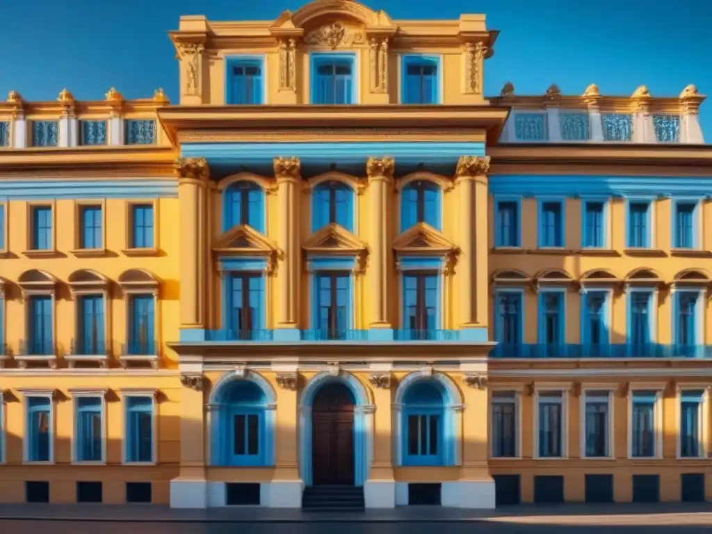 Esplendor restaurado: edificio histórico resplandeciente bajo el sol Imponente edificio histórico restaurado, resaltando detalles arquitectónicos y colores vibrantes bajo el cielo azul