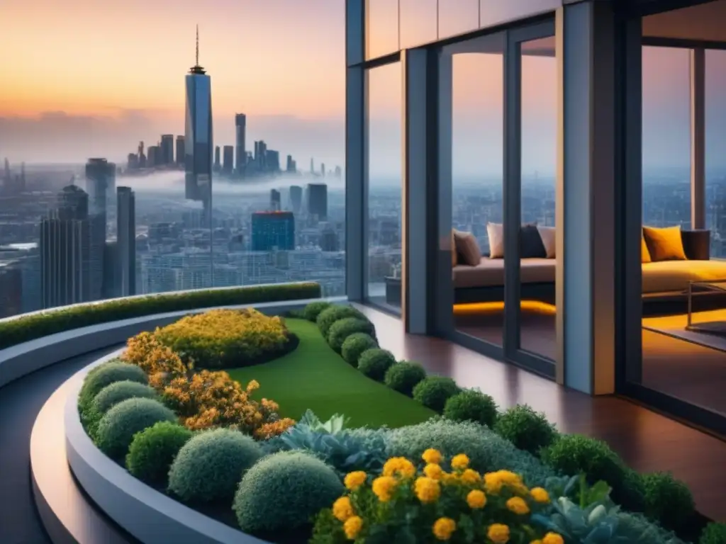 Rascacielos moderno de lujo con vistas urbanas y atardecer dorado Imponente edificio moderno con ventanales de piso a techo, reflejando la ciudad al atardecer