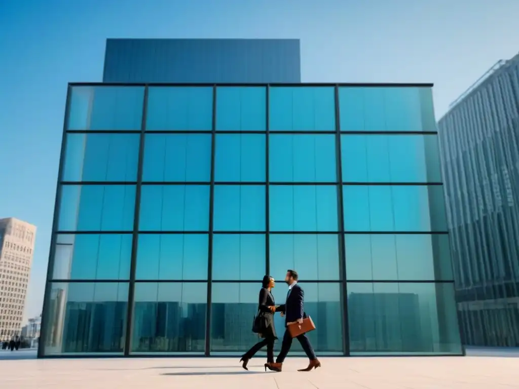 Imponente edificio de oficinas moderno con cristaleras reflejando la ciudad, ideal para Fondos de Inversión Inmobiliaria