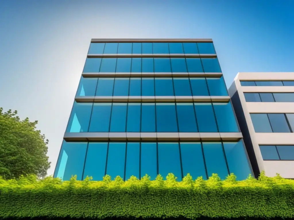 Edificio moderno: reflejo del éxito en bienes raíces Imponente edificio de oficinas moderno rodeado de vegetación, reflejando confianza y éxito en la industria inmobiliaria