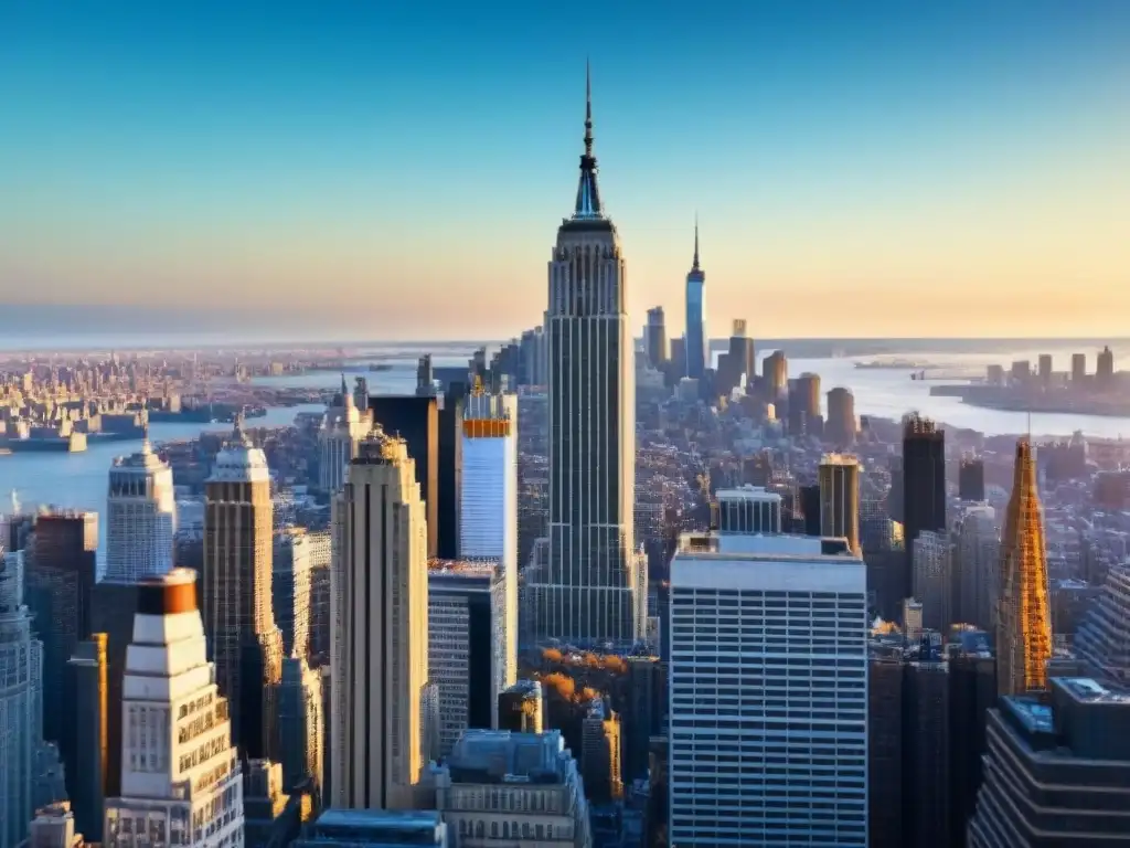 Esplendor Art Deco del Empire State Building en 8k Imponente Empire State Building bajo el cielo azul de Nueva York, resaltando el impacto del movimiento moderno