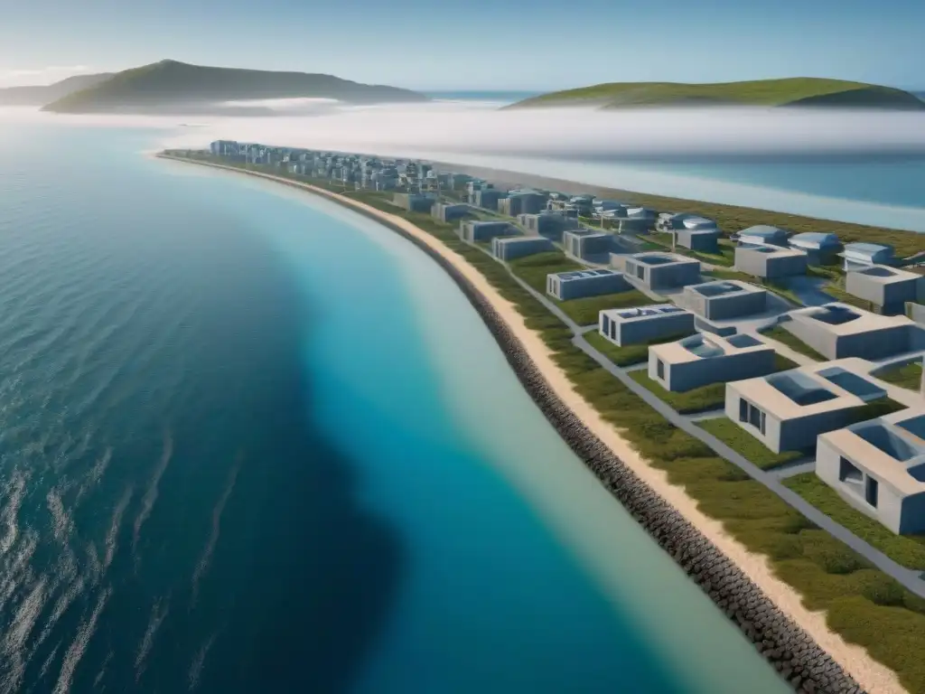 Defensa costera innovadora contra el mar: Resiliencia y sostenibilidad Imponente estructura costera moderna en 8k, destacando diseños intrincados y técnicas innovadoras para combatir nivel del mar