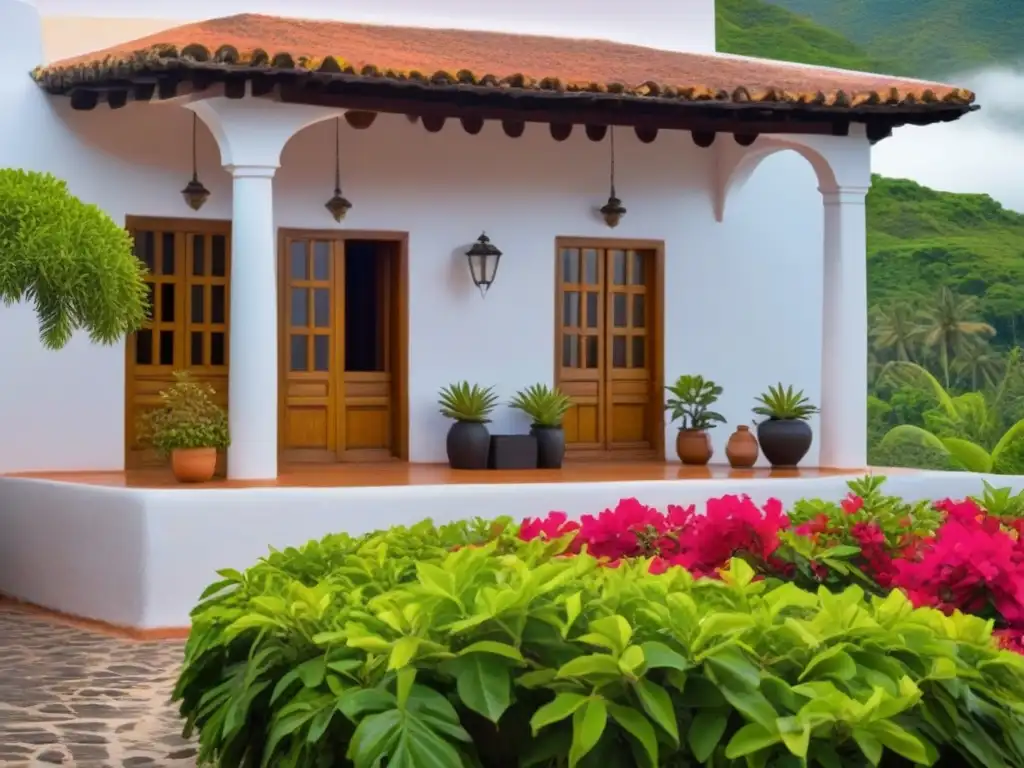 Hacienda colonial: detalle arquitectónico en América Latina Imponente hacienda colonial en América Latina con detalles arquitectónicos intrincados y exuberante vegetación tropical